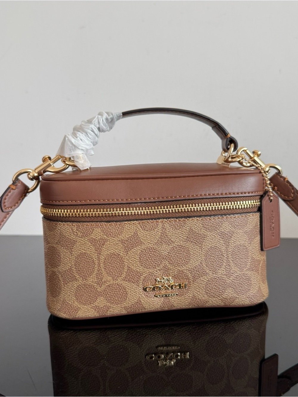Coach Brown Signature Canvas Mini Top-Handle Case with Gold Hardware